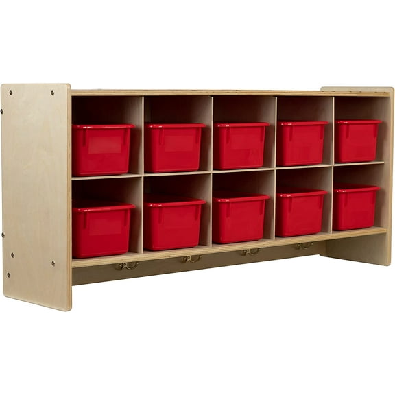 RRI Goods 10 Section Wall shelves w Red Trays Hardwood Playschool Furniture