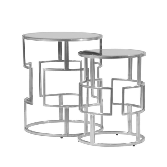 RRI Goods Set of 2 Nesting Accent Table, Mirrored Top Round Chrome Metal Base Side End Table