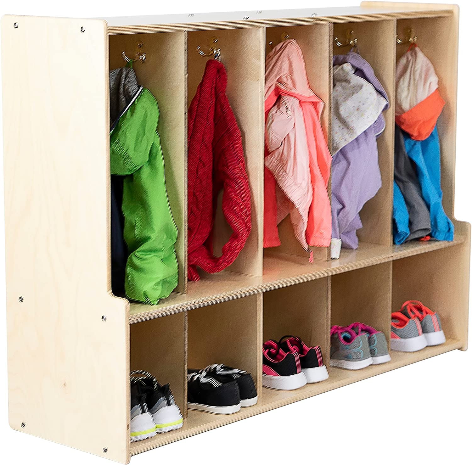 Natural Birch Plywood 5-Section Coat Locker with Bench