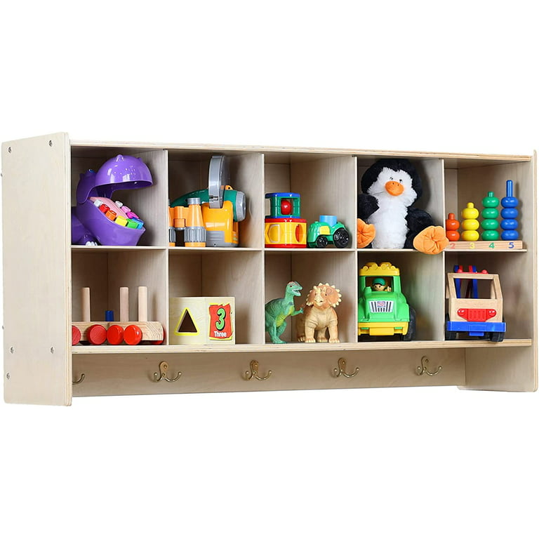 RRI Goods Wall Cubby Storage Organizer with Hooks, Natural Wooden Hanging  Wall Organizer Shelf