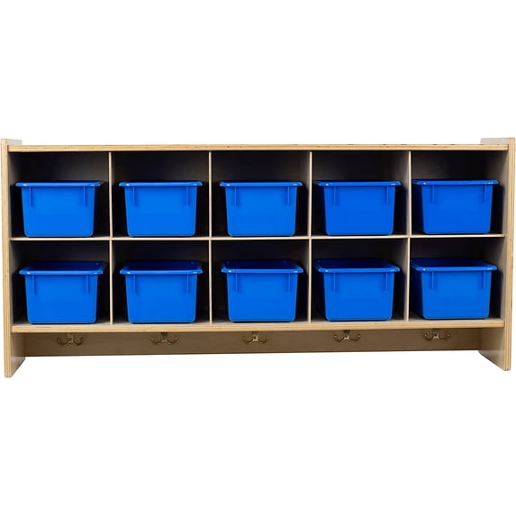 RRI Goods Wall Mounted Shelf w Blue Storage Containers for Organizing Toys