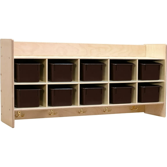RRI Goods Wood Cubbies Storage w Brown Plastic Bins Wall Hanging Organizers