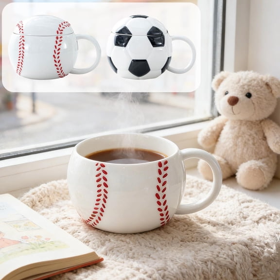 RRJ 2Pcs Football Rugby Ceramic Mug With Lid, Insulated Coffee Cup For Hot Drinks, Sports Fan Gift For Men, Holiday Souvenir For Dad, Office Desk Decor