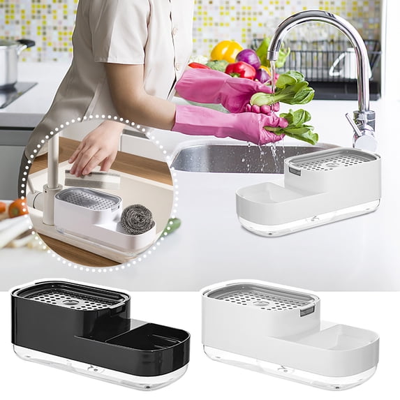 RRJ 2Pcs Kitchen Soap Dispenser With Sponge Scrubber, Press Type Dish Soap Dispenser for Sink, Pot Cleaning Soap Box, Detergent Dispenser for Kitchen Countertop, Dishwashing Liquid Holder