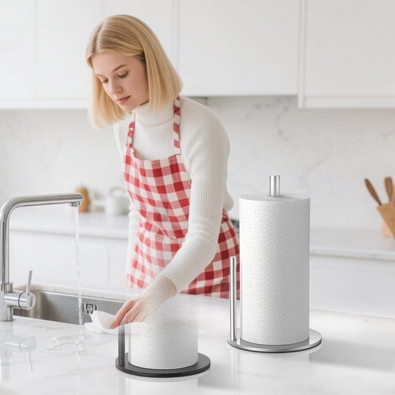 RRJ 2Pcs Stainless Steel Paper Towel Holder Countertop, Heavy Weighted Base Kitchen Towel Holder, No Drill No Slip Paper Towel Stand for Kitchen Counter Cabinet Sink