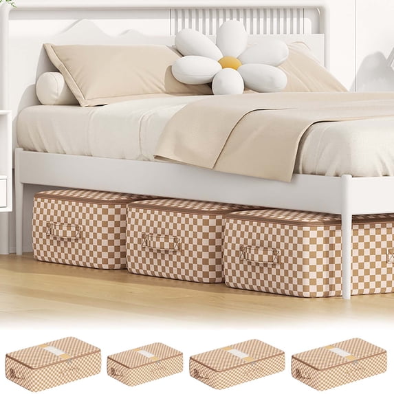 RRJ 3Pcs Underbed Storage Bag, Large Capacity Waterproof Fabric Organizer With Clear Window And Checkerboard Design For Clothes Quilts Bedding, Space Saving Closet Storage For Bedroom Home Dorm