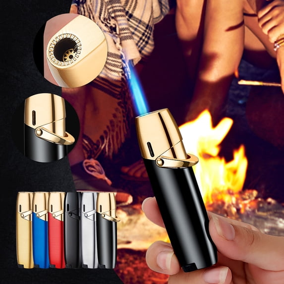 RRJ 4Pcs Portable Double Direct Flame Torch Lighter, Refillable Butane Gas Welding Torch, Culinary Blowtorch for Barbecue Creme Brulee Dessert, Handheld Igniter for Camping Soldering Crafts