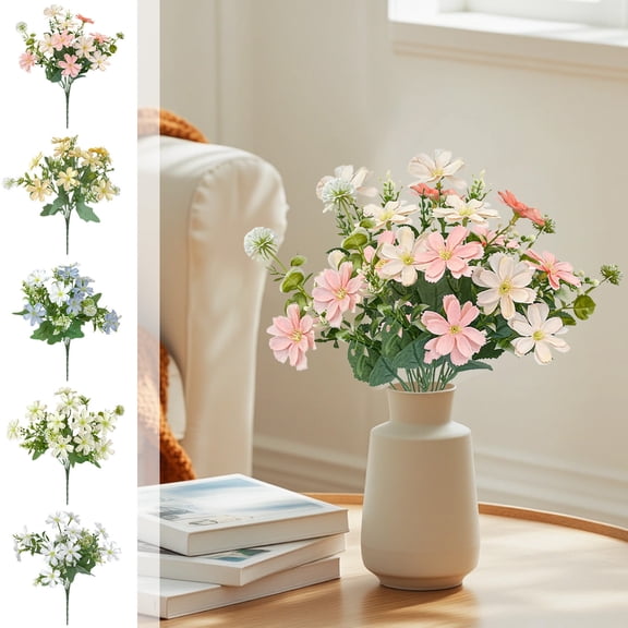 RRJ 5Pcs Summer Floral Decor, Artificial Butterfly Daisy Flowers, 5 Branch 10 Head Faux Flower Arrangement, Cloth Fabric Centerpiece for Living Room Coffee Table Home Decor