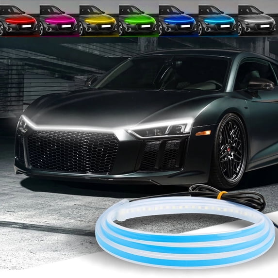 RRJ 6Pcs Car Hood LED Strip Lights, 59 Inch Flexible RGB Daytime Running Lights Neon Glow Strip, Waterproof Exterior Car Lights for Decoration Underbody Underglow Hood Ornament