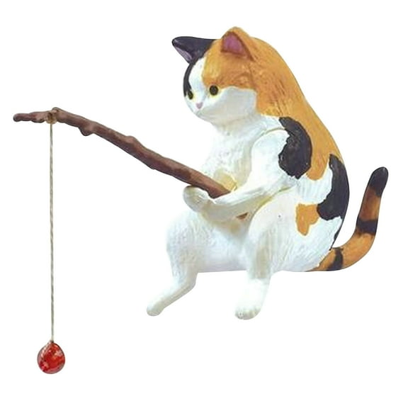RRJ Aquarium Ornaments, Lovely Cats Fishing Statue Figurine, Plastic Cat Decor for Fish Tank, Tabletop Desk Bedside TV Party Supplies
