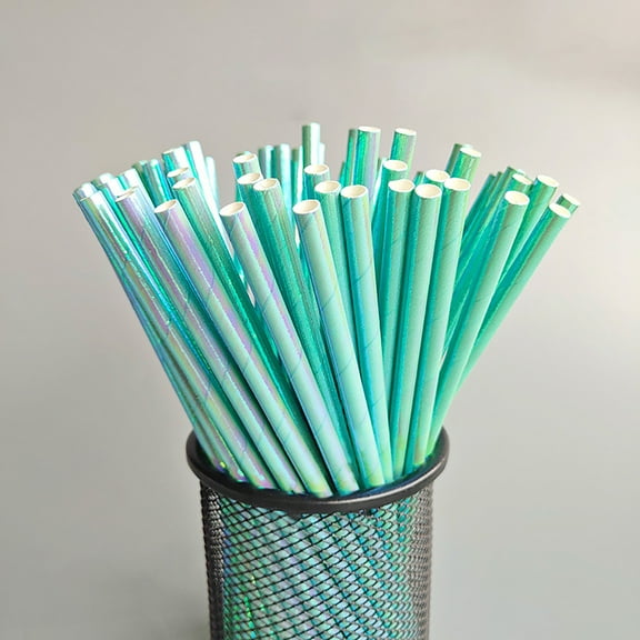 RRJ Disposable Paper Straws, Glitter Pearl Film Rainbow Straws, 100 Count Biodegradable Eco-Friendly Drinking Straws for Birthday Party Wedding Holiday Decorations