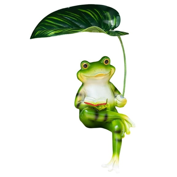 RRJ Frog Garden Statue, Outdoor Resin Frog Figure Holding Leaf Umbrella, Miniature Pond Decor for Flower Pot Balcony Patio Lawn Yard Ornament