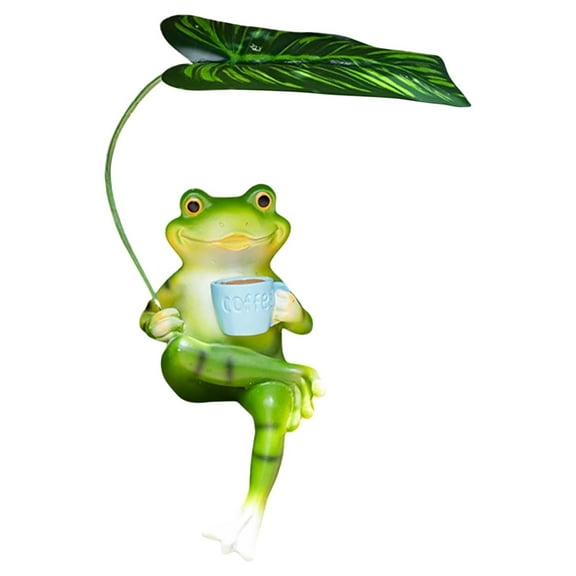 RRJ Frog Garden Statue, Outdoor Resin Frog Figure Holding Leaf Umbrella, Miniature Pond Decor for Flower Pot Balcony Patio Lawn Yard Ornament