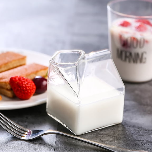 RRJ Milk Carton Glass Cup, High Borosilicate Glass Drinking Glass, Mini Milk Bottle Water Glass for Milk Juice Soda, Cute Carton Shaped Glass for Kitchen Home Bar Office Decor