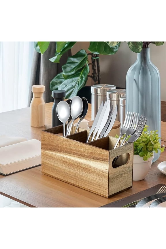 Paulownia Wood Cutlery Box, Handmade Silverware Storage Organizer, Countertop Kitchen Utensil Holder, Knife Fork Spoon Rack for Dining Table Party Buffet Decor