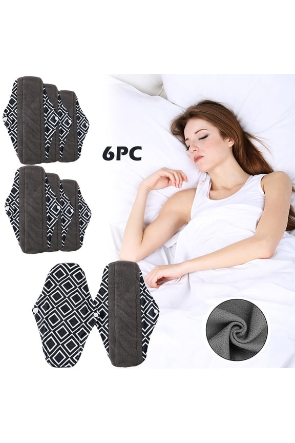Reusable Cloth Sanitary Pads, 6PCS Charcoal Bamboo Fiber Menstrual Pads, Super Absorbent Leakproof Washable Period Pads for Women, Heavy Flow Overnight Incontinence Pads