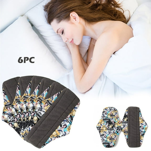 RRJ Reusable Cloth Sanitary Pads, 6PCS Charcoal Bamboo Fiber Menstrual Pads, Super Absorbent Leakproof Washable Period Pads for Women, Heavy Flow Overnight Incontinence Pads