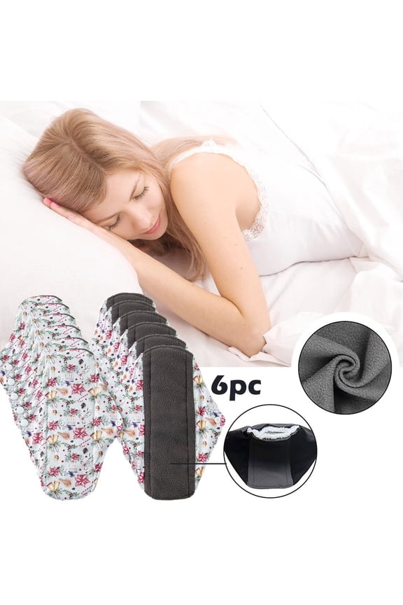 Reusable Cloth Sanitary Pads, 6PCS Charcoal Bamboo Fiber Menstrual Pads, Super Absorbent Leakproof Washable Period Pads for Women, Heavy Flow Overnight Incontinence Pads