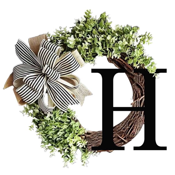 RRJ Spring Alphabet Wreath, 26 Letters Decorative Door Hanging With Rattan Ring Knot Pendant, Wall Window Home Decor for Wedding New House Mother's Day Father's Day Garden Party