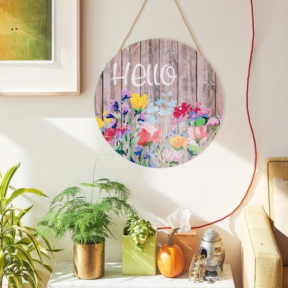 RRJ Summer Welcome Sign For Front Door, Wooden Hanging Door Sign Decorations Heart-Shaped Hello Greeting Plaque, Rustic Farmhouse Porch Decor for Home Entryway Wall Decor