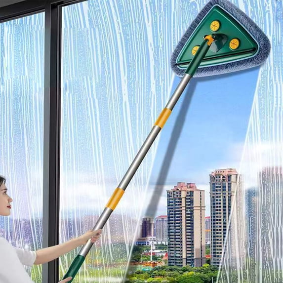 RRJ Triangular Cleaning Mop, Extendable Telescopic Stainless Steel Mop for Walls Ceilings Windows, Rotating 360-Degree Swivel Head Glass Cleaning Tool, Household Floor Dusting Mop with Extra
