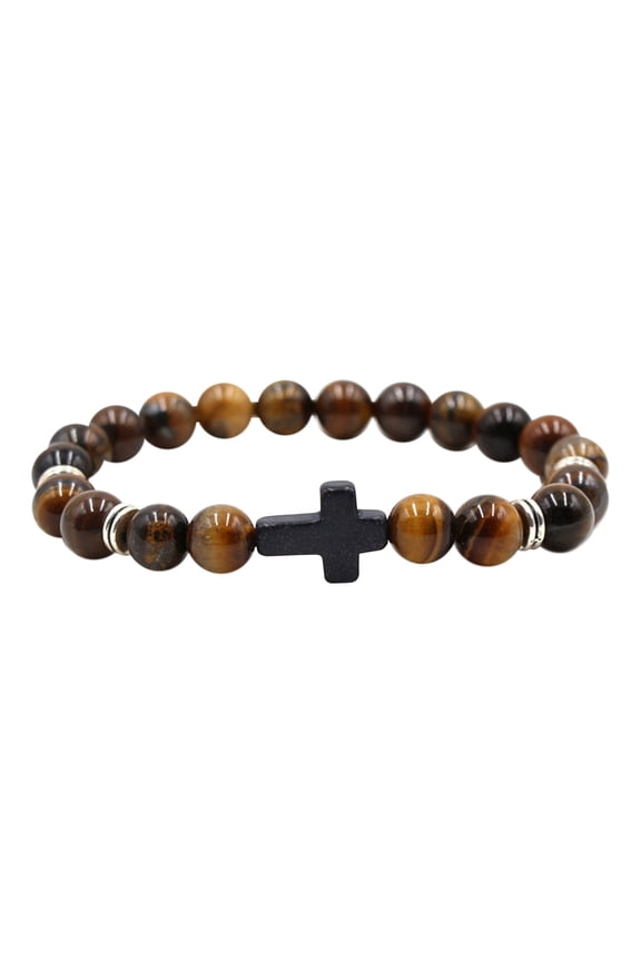 Valentine's Day Natural Stone Bracelet, Black Cross Elastic Thread Stretch Beaded Bracelet, Healing Crystal Adjustable Wristband for Women Men Couples Gifts