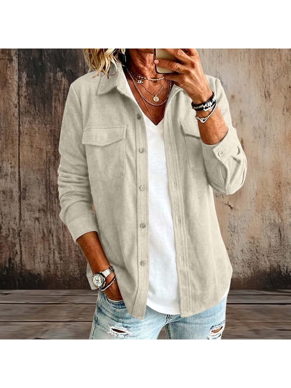 Women Fall Long Sleeve Collared Button Down Solid Shacket Casual Shirt With Chest Pocket, Beige S