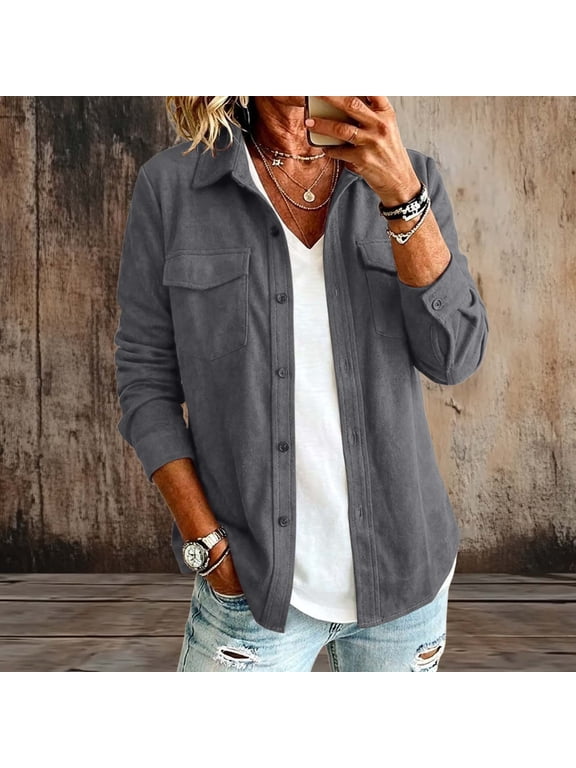 Women Fall Long Sleeve Collared Button Down Solid Shacket Casual Shirt With Chest Pocket, Gray XL