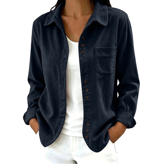 RRJ Women Fall Winter Corduroy Collared Long Sleeve Button Down Shirts Casual Open Front Basic Tops, Navy XL