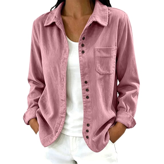 RRJ Women Fall Winter Corduroy Collared Long Sleeve Button Down Shirts Casual Open Front Basic Tops, Pink L