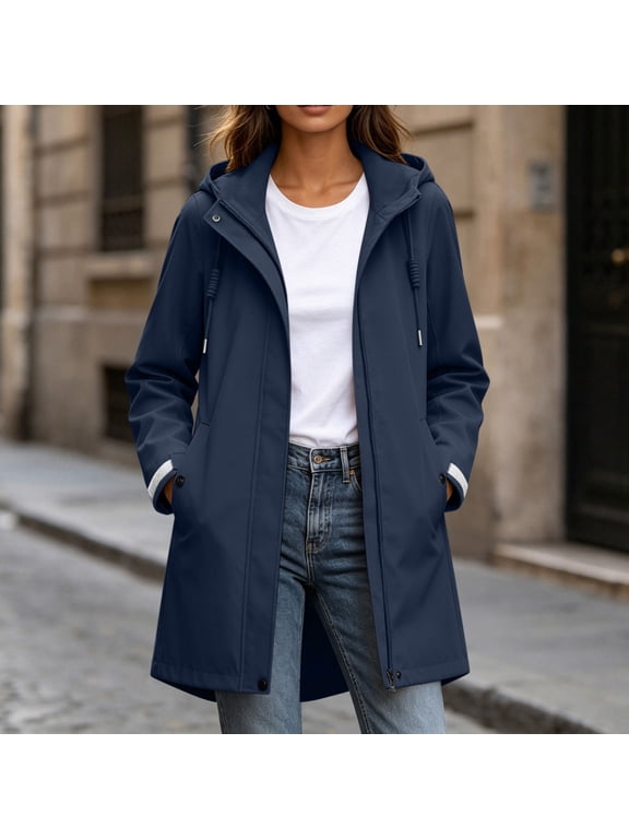 Women Plus Size Fall Winter Hooded Zip Up Jacket Windproof Casual Outdoor Hiking Coat with Pockets for Women, Navy 3XL