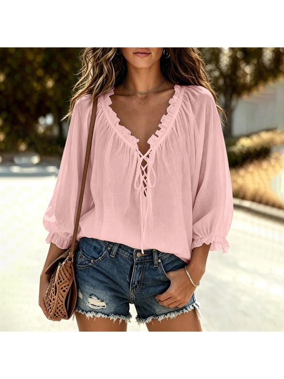 Women Plus Size V Neck Blouse 3/4 Sleeve Ruffle Flowy Boho Casual Pullover Top Summer Solid Tee Shirt for Curvy Women, Pink L