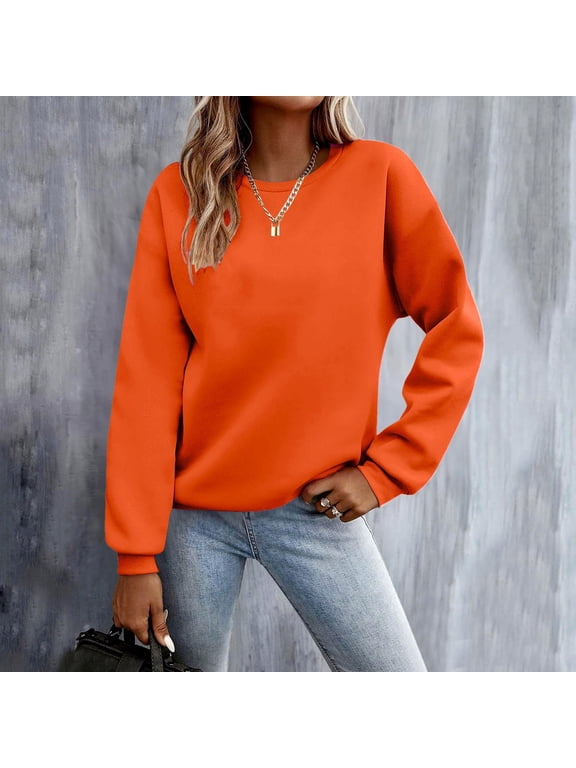 Women's Fall Long Sleeve Pullover Tops Casual Loose Round Neck Sweatshirt for Winter Cozy Basic Tee Shirts, Orange XS