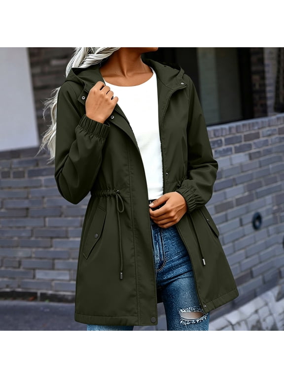 Women's Fall Winter Hooded Zip Up Coat Casual Drawstring Outerwear Solid Trendy Rain Jacket for Outdoor, Army Green S