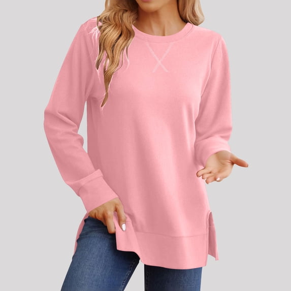 RRJ Women's Fall Winter Long Sleeve Pullover Tops Casual Round Neck Side Slit Curved Hem Solid Basic Tee Shirts, Pink XL