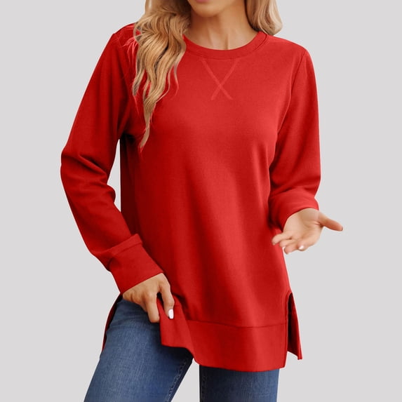 RRJ Women's Fall Winter Long Sleeve Pullover Tops Casual Round Neck Side Slit Curved Hem Solid Basic Tee Shirts, Red S