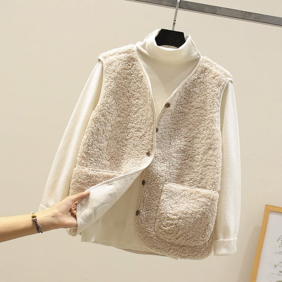 RRJ Women's Fall Winter Sleeveless Fleece Vest Casual Solid Warm Basic Outerwear, Beige S
