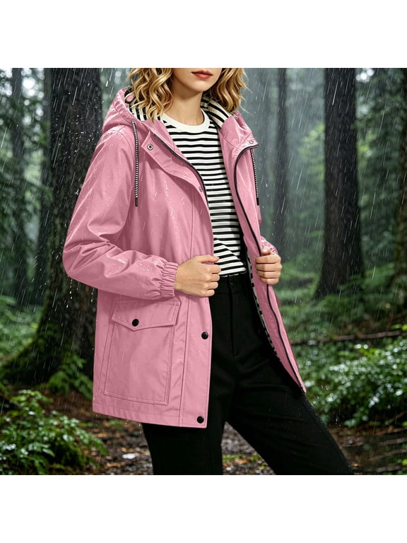 Women's Plus Size Fall Winter Waterproof Hiking Jacket Long Sleeve Hooded Windbreaker Outdoor Drawstring Solid Color Pocket Top, Pink 5XL