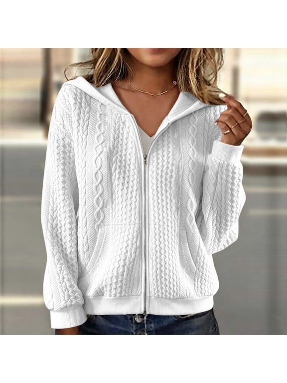 Womens Fall Winter Plus Size Hooded Zip Knitted Sweater Cardigan Solid Loose Casual Pullover Tops, White S
