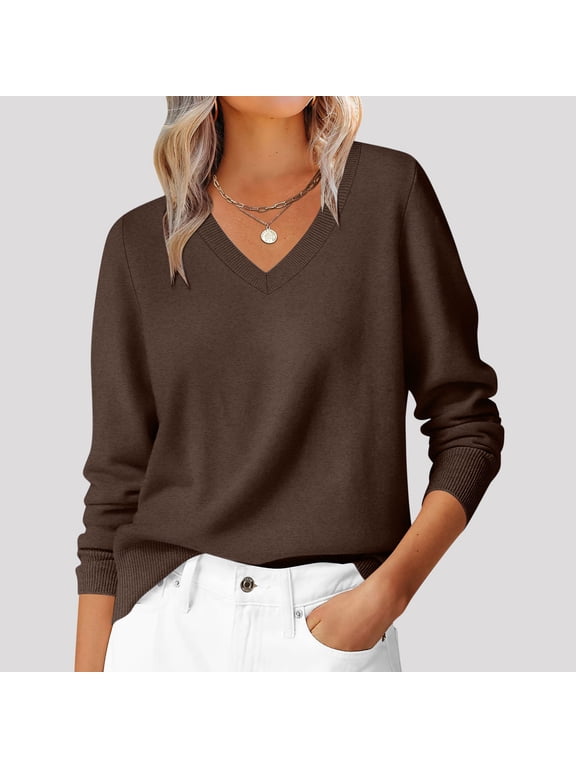 Womens Fall Winter V Neck Long Sleeve Knitted Casual Basic Pullover Tops Solid Soft Sweaters, Brown L