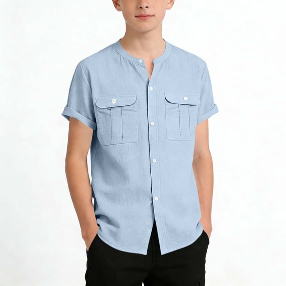 RRMuAzgs Boys Short Sleeve Shirts Button Down Casual Tops with Two Pockets Lightweight Summer Shirts for 5-15 Years