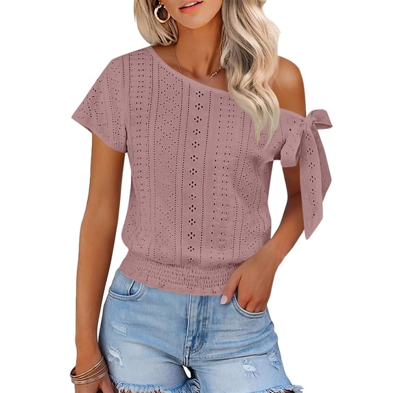 RRMuAzgs Crochet Knit Top for Women Ruffle Solid Color Off the Shoulder Blouses Summer Beach Vacation Clothes