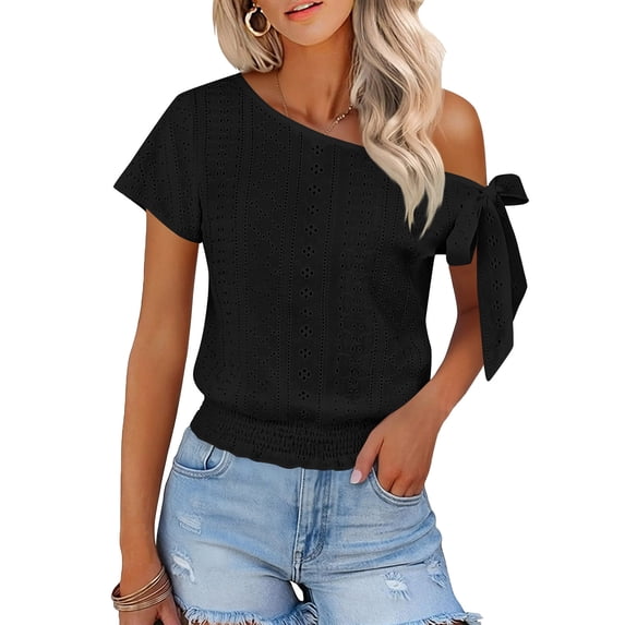 RRMuAzgs Crochet Knit Top for Women Ruffle Solid Color Off the Shoulder Blouses Summer Beach Vacation Clothes