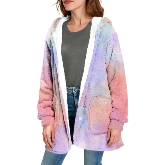 RRMuAzgs Fleece Jacket Women Printed Button Down Long Sleeve Cardigan 2025 Fall Winter Hooded Outfits Clothes with Pockets