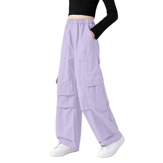 RRMuAzgs Girls Cargo Pants Elastic Waist Trousers Kids Wide Leg Jogger Pants with Multiple Pockets 5-15 Years