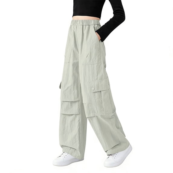 RRMuAzgs Girls Cargo Pants Elastic Waist Trousers Kids Wide Leg Jogger Pants with Multiple Pockets 5-15 Years