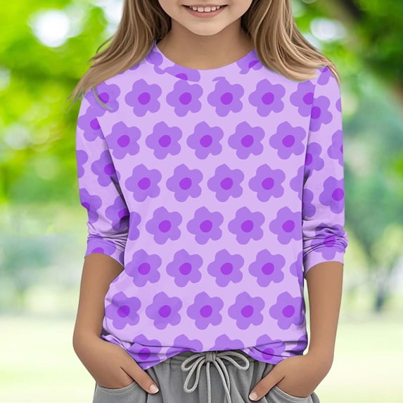 RRMuAzgs Girls Crewneck Cute T Shirts Trendy Floral Graphic Printed 3/4 Sleeve Shirts Spring Summer Casual Tops 3-12 Years