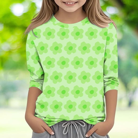 RRMuAzgs Girls Crewneck Cute T Shirts Trendy Floral Graphic Printed 3/4 Sleeve Shirts Spring Summer Casual Tops 3-12 Years