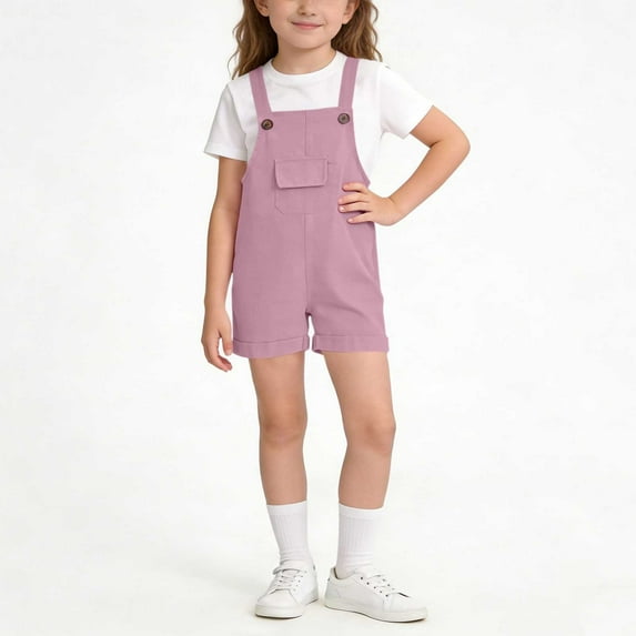 RRMuAzgs Girls Overalls Shorts Summer Trendy Solid Color Casual Shortalls Romper Shortalls with Pockets 2-15 Years
