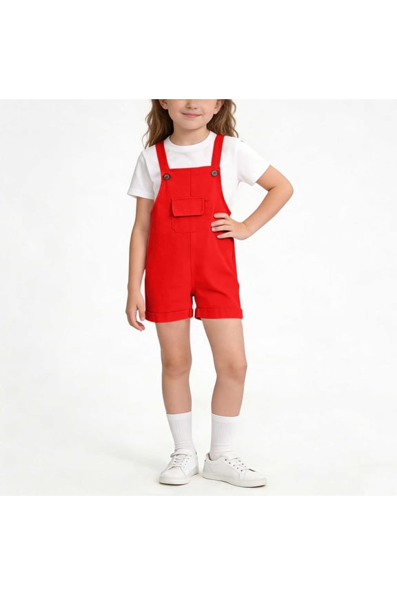 Girls Overalls Shorts Summer Trendy Solid Color Casual Shortalls Romper Shortalls with Pockets 2-15 Years